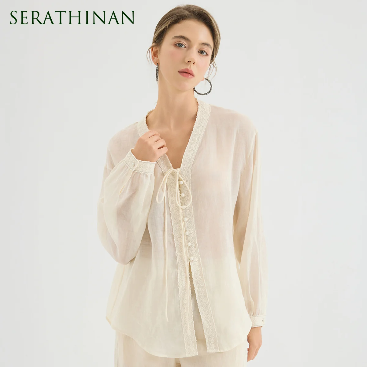 

KL9613785 Minimalist Luxury 100% Linen Shirt Women's Solid Blouse Tie Front Vintage Sophisticated Linen Tops