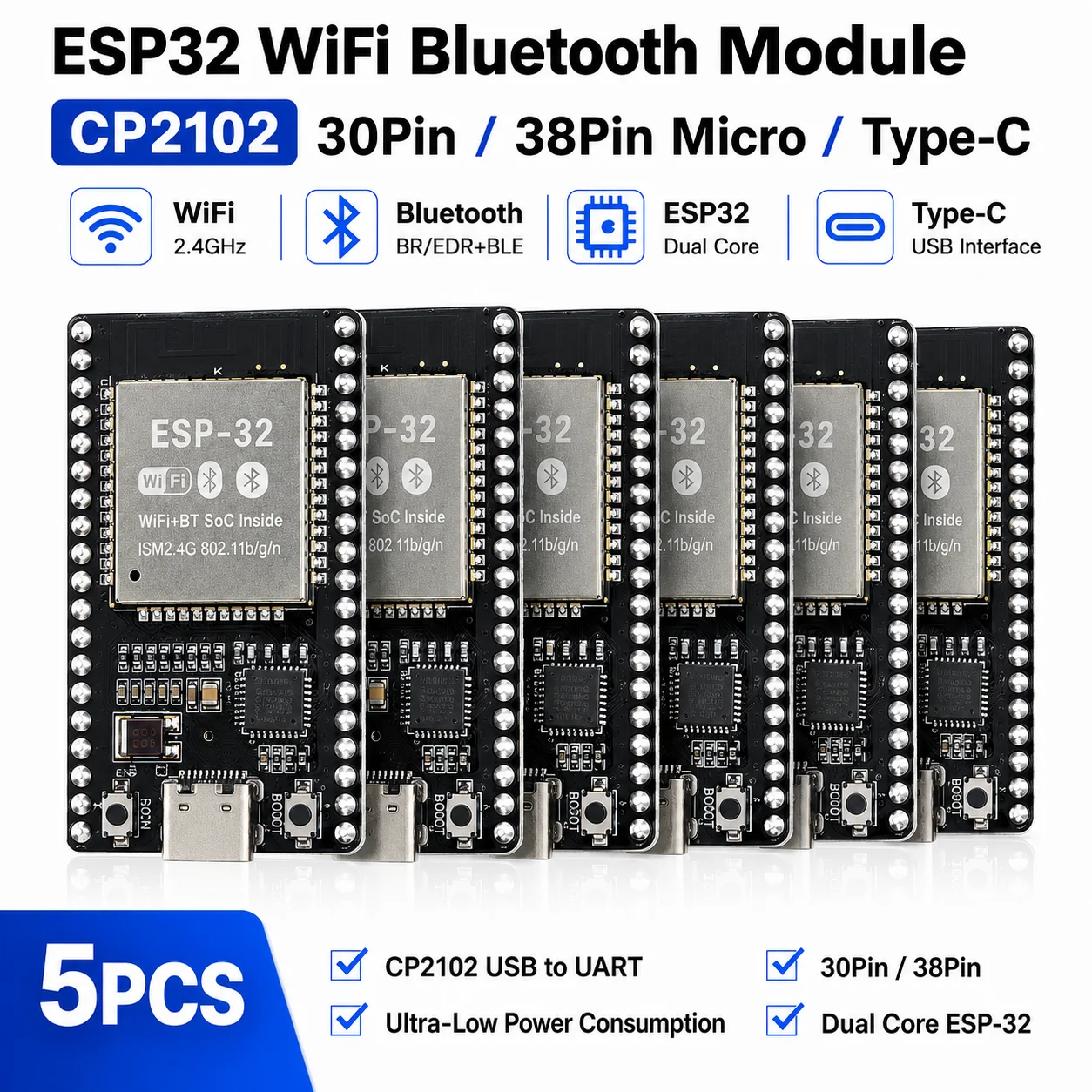 ESP32 Development Board Dual Core 2.4G WiFi Bluetooth Module 30Pin/38Pin CP2102 Micro Type-C Ultra-Low Power Consumption