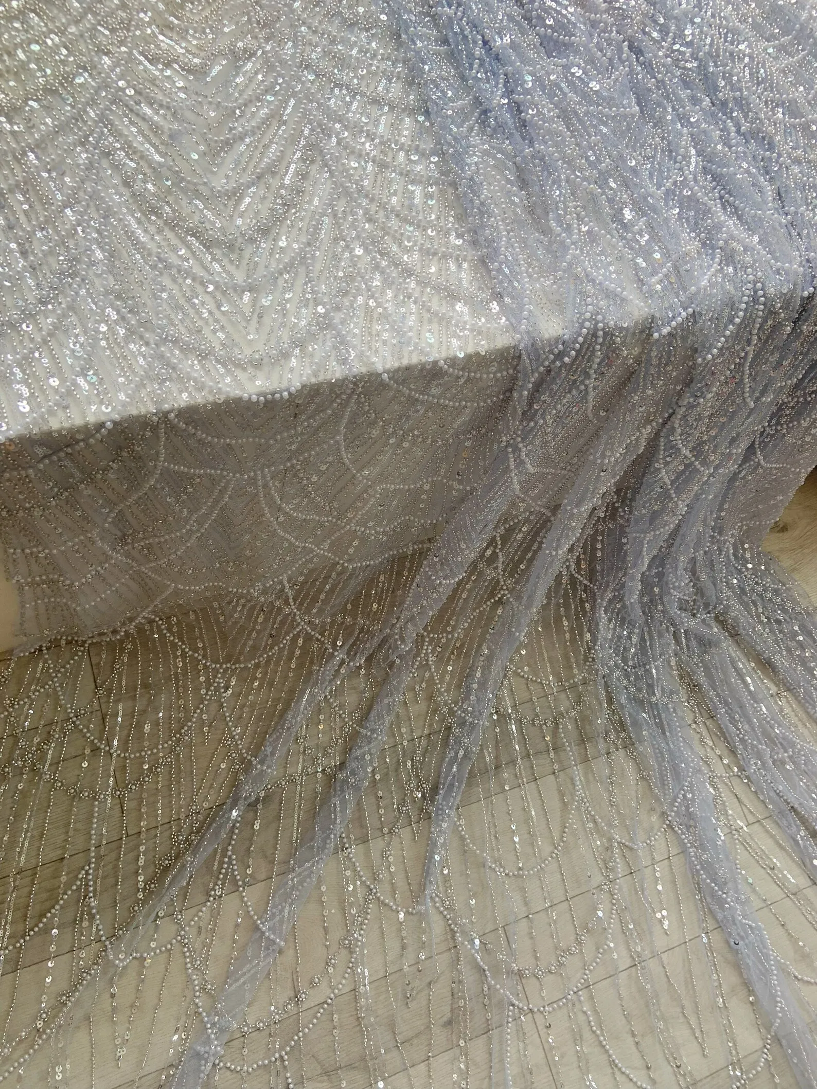 1 Yard Pale Blue Heavy Beading Tulle Lace Fabric for Prom Dress, Ball Gowns, Couture, Evening Dress