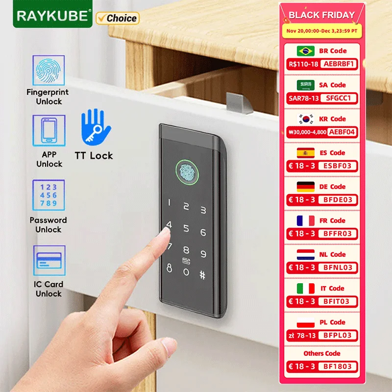RAYKUBE TT Lock Bluetooth Keyless Intelligent Wooden Fingerprint Cabinet Lock Digital Electric Drawer Lock for Gym/Home Storage