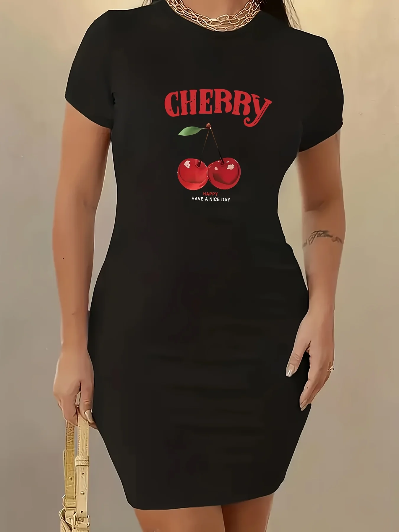 Grande taille femmes été cerise motif sportif décontracté lettre imprimé jupe à la mode de haute qualité pyjama ample robe d'étudiant