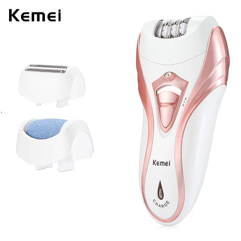 Kemei Rechargeable Electric Epilator 3 In 1 Women Shaver Hair Removal Trimmer Bikini Depilatory Legs Body Foot File Pedicure