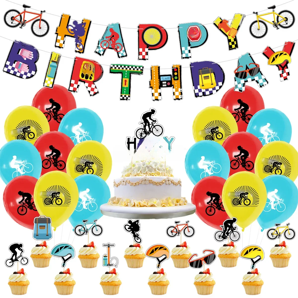 AliExpress Bicycle Party Banner Balloon Cake Topper Bicycle Bike Sport Bicycle Happy Birthday Garland Birthay