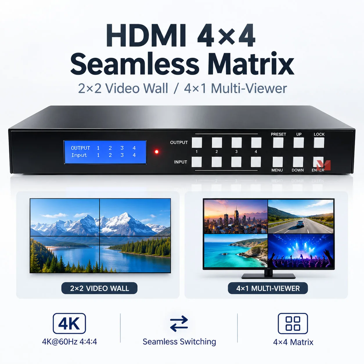 4K60Hz HDMI 4x4 Matrix Switcher Seamless 2x2 Video Wall 4x1 Multi Viewer HDMI Splitter Switch HDCP 2.2 RS232 TCP/IP Control