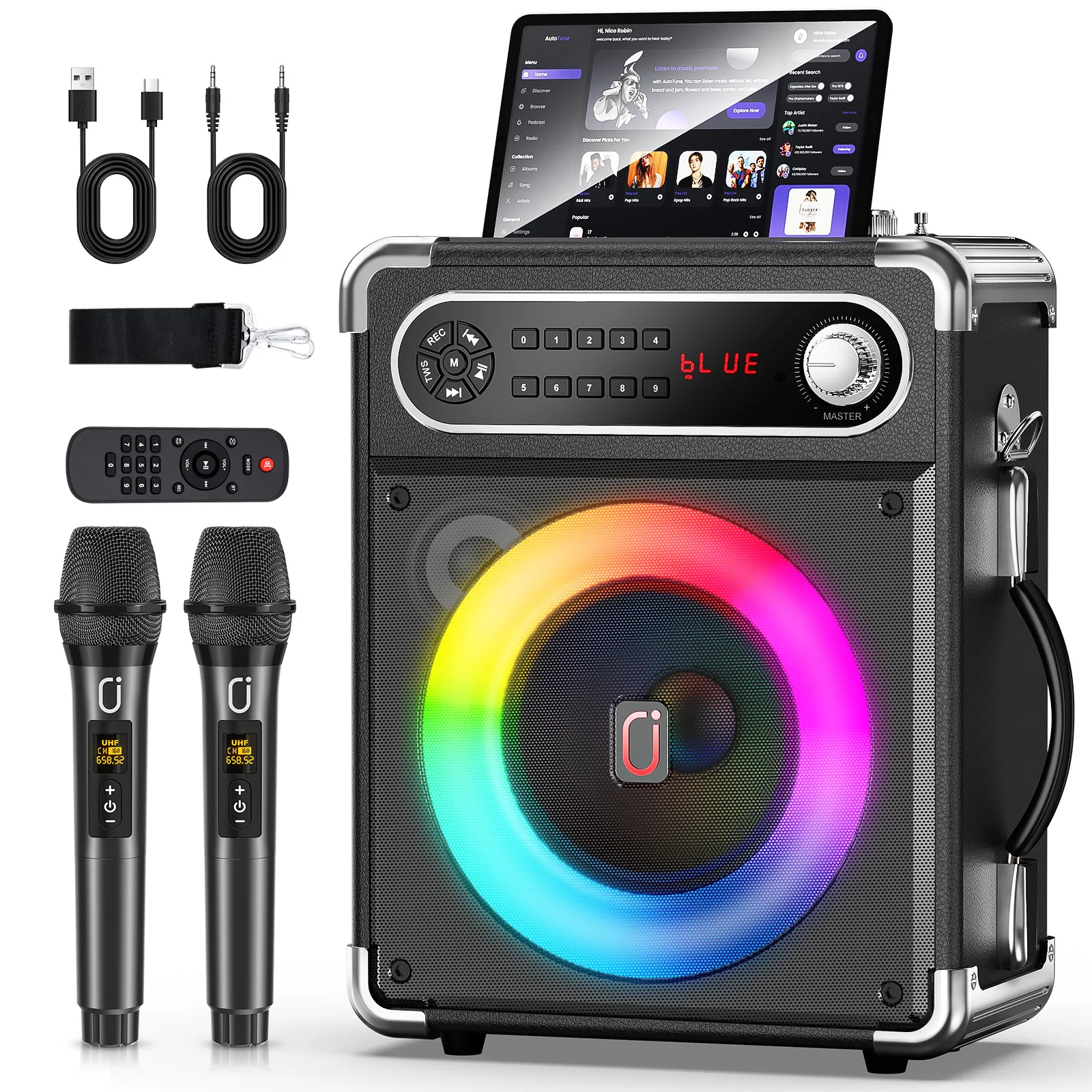 

Караоке-машина с двумя беспроводными микрофонами, портативным Bluetooth-динамиком с регулировкой басов/пельсинов, системой PA с дистанционным управлением