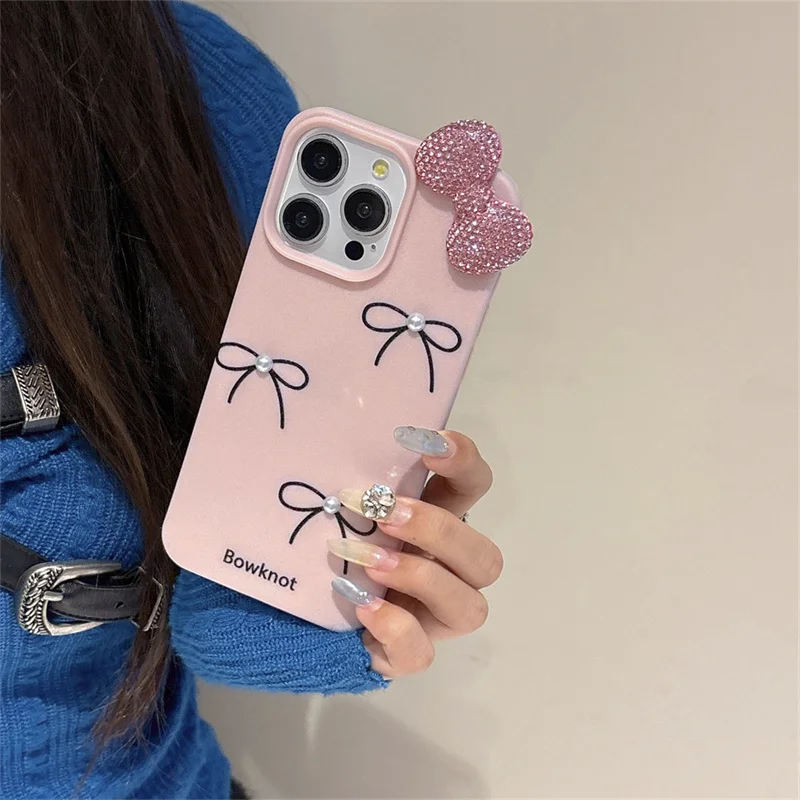 

Luxury Flash Diamond 3D bow for iPhone 14 Phone case Pink cover for 13 15 16 Pro Max Cute Women Pearl silicone shockproof cover
