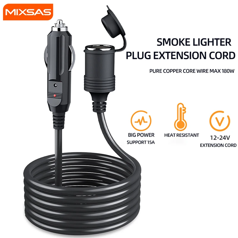 MIXSAS 274 Cable de extensión para encendedor de humo de coche 12V 24V enchufe hembra enchufe Universal para encendedor de cigarrillos 60CM картхолд Uy