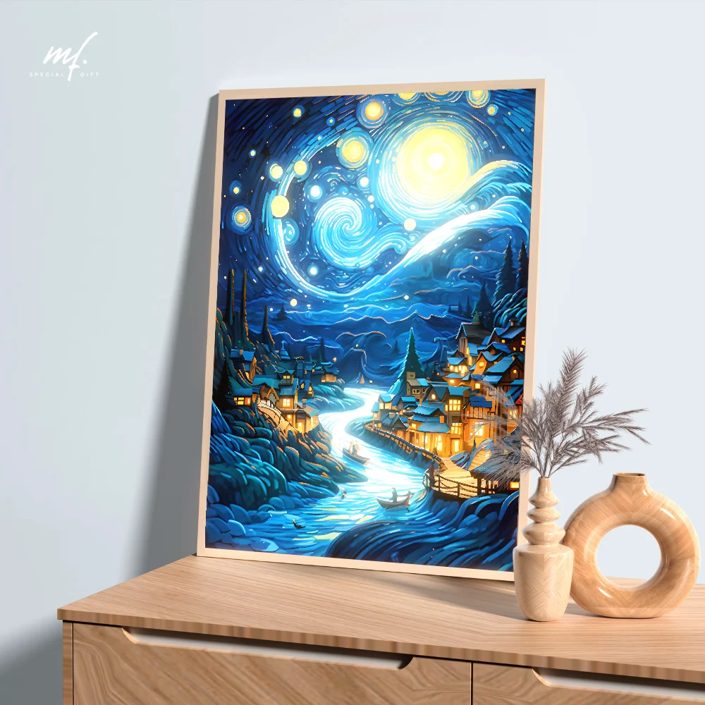 Van Gogh Art Anime lampu malam LED-3 warna lampu suasana redup USB, bingkai foto kayu hadiah dekorasi rumah, sempurna untuk kamar tidur