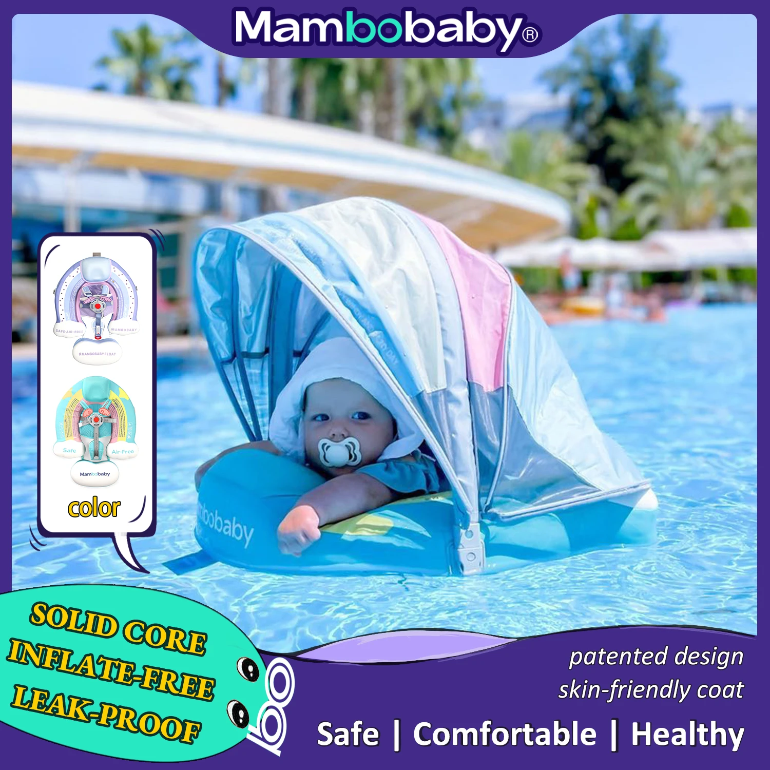 Upgraded Baby Pool Float Mambobaby Swim Float Non-Inflatable Baby Floats with Canopy for 3-24 Months Float for Infant Swim Ring