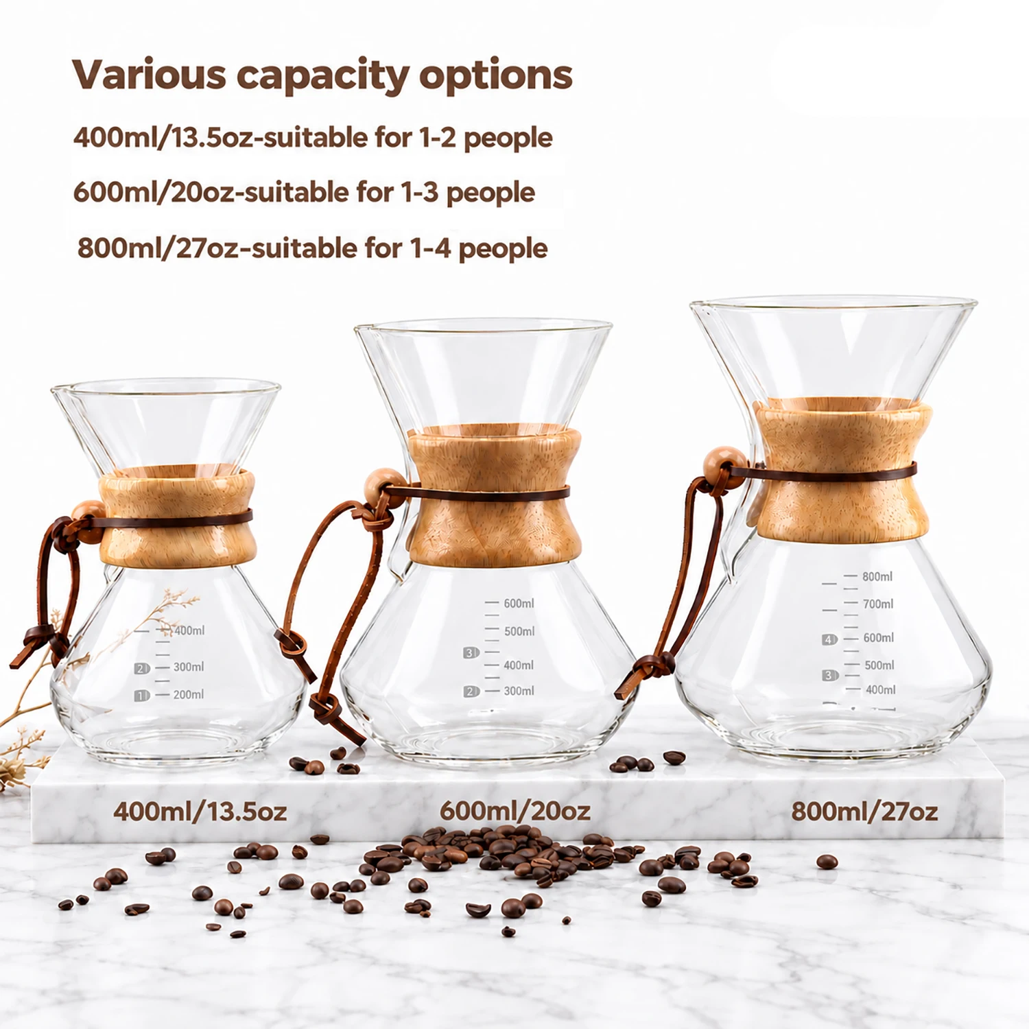 Leeseph Pour Over Coffee Maker Set, Classic Style, 304 Stainless Filter & Wooden Collar, 400/600/800ml(13.5/20/27oz)