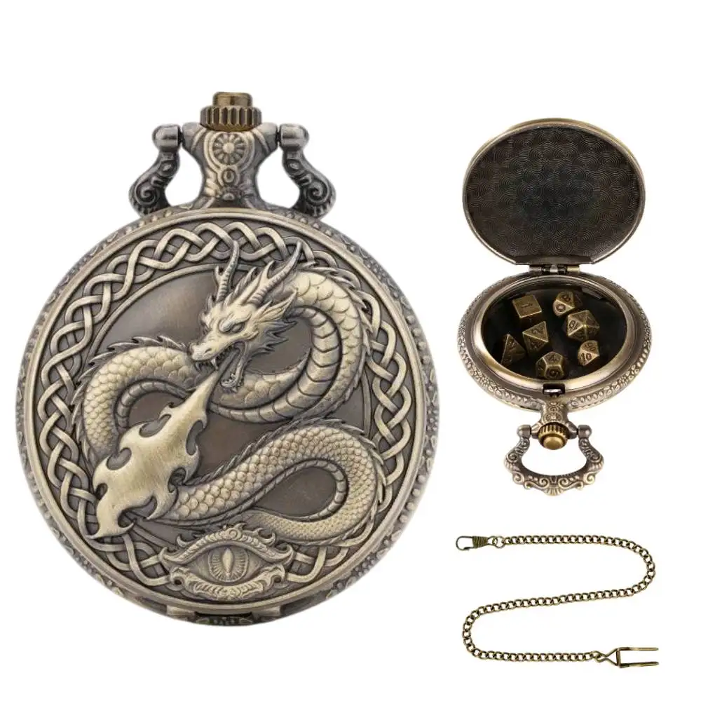Fire Dragon Pocket Watch Dice Case DND RPG Dice Watch with 7pcs Mini Metal D&D Dice Set Flame Dragon Pocket Watch Dice Box