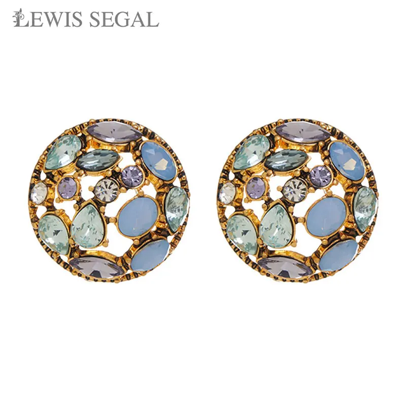 

LEWIS SEGAL Vintage Earrings Silver 925 Pin Earrings For Women Hollow Gem Inlay 30x30mm Studs Colorful Gemstone Party Jewelry