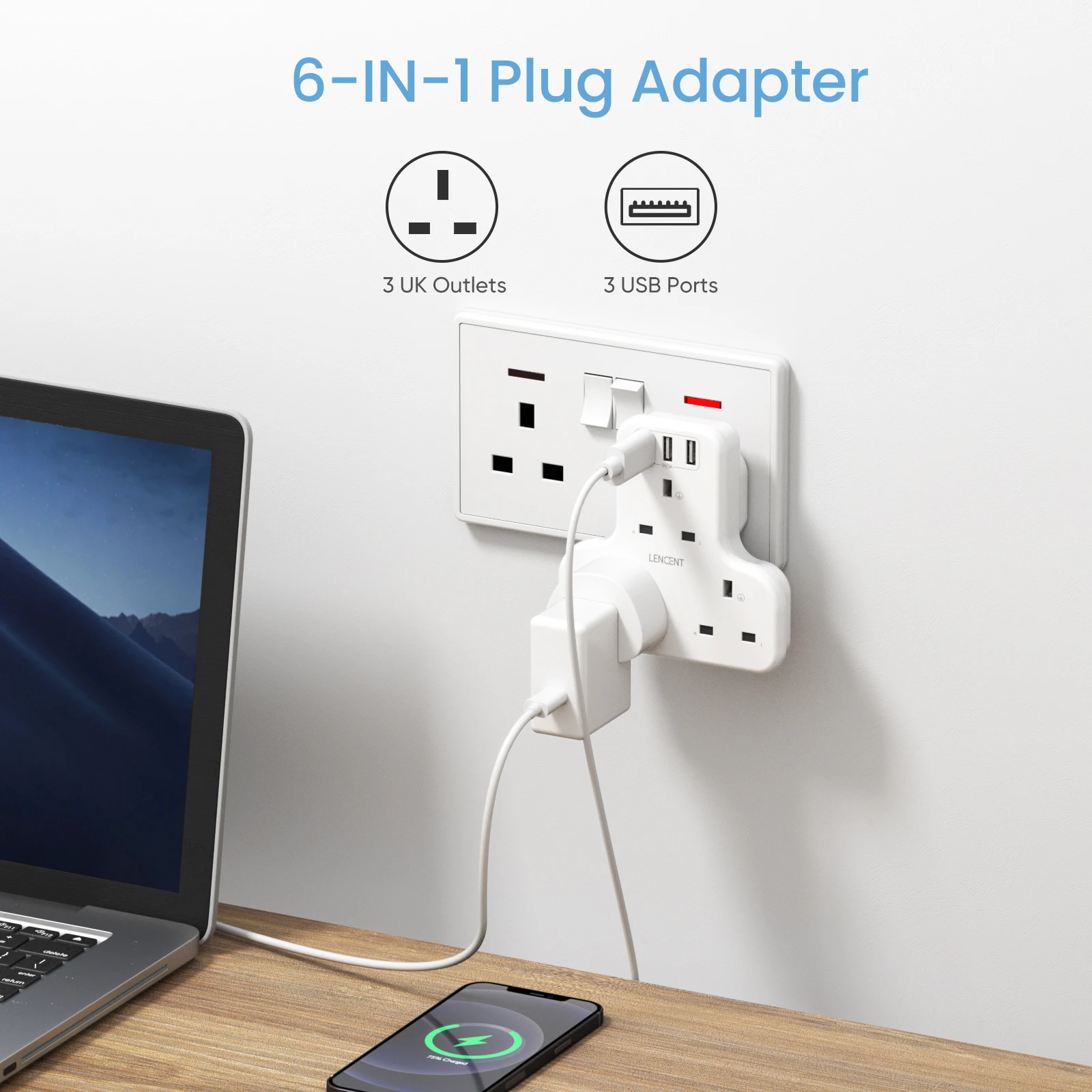 LENCENT Wall Socket Extender with 3AC Outlets 3 USB Ports 5V 2.4A 6-in-1 USB Outlet Plug Extender for Home/Office  13A 3250W