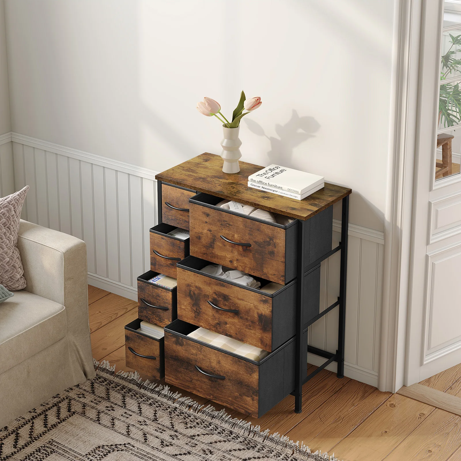WOLTU Aufbewahrungsschrank, Stoffkommode, Metallrahmen-Sideboard mit 7 Schubladen für Wohnzimmer,