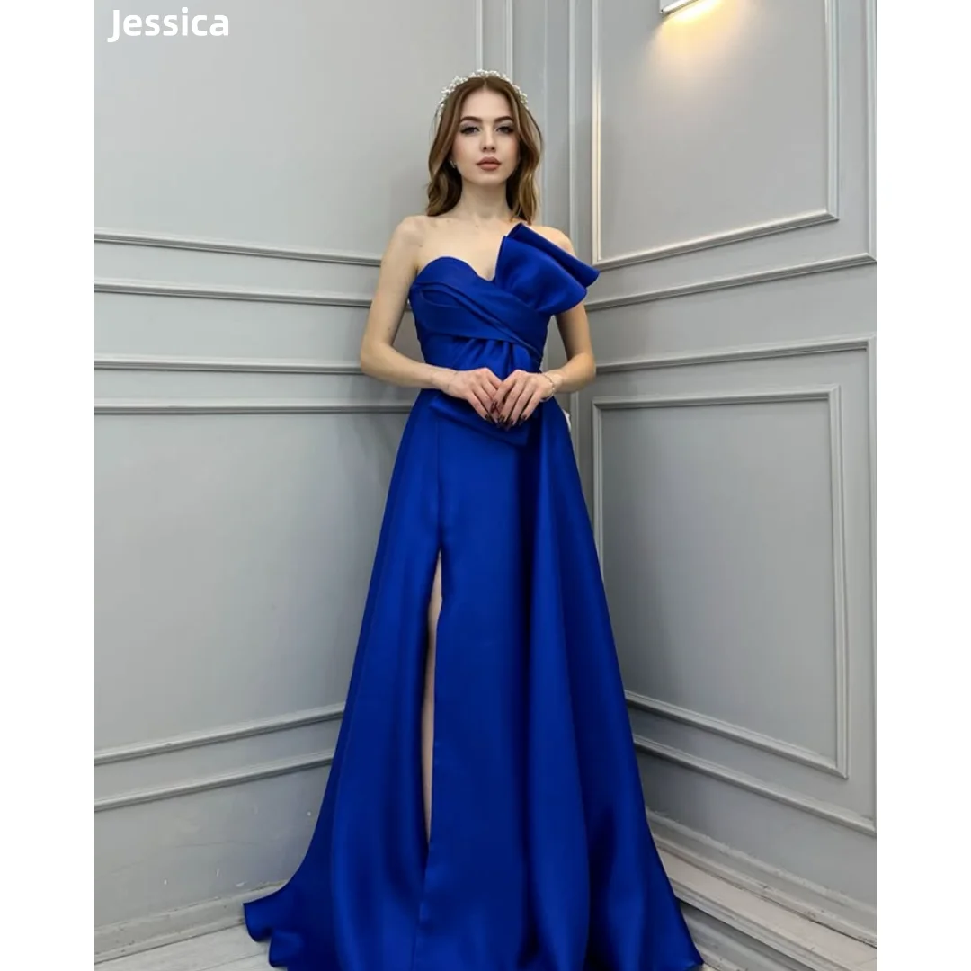 

Jessica Handmade Satin Evening Dresses Blue Lady A-Shape Prom Dresses Off-shoulder Women's Wedding Party Dresses Customized