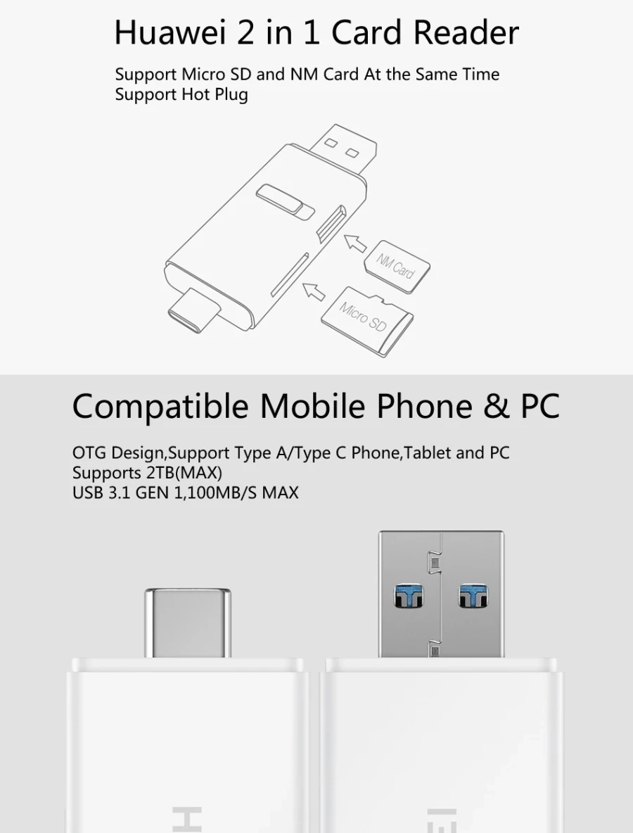 Imagem -03 - Memory Card Reader para Huawei tipo c Porta Usb Dupla nm Nano Usb 3.1 Alta Velocidade em 100 Mbps