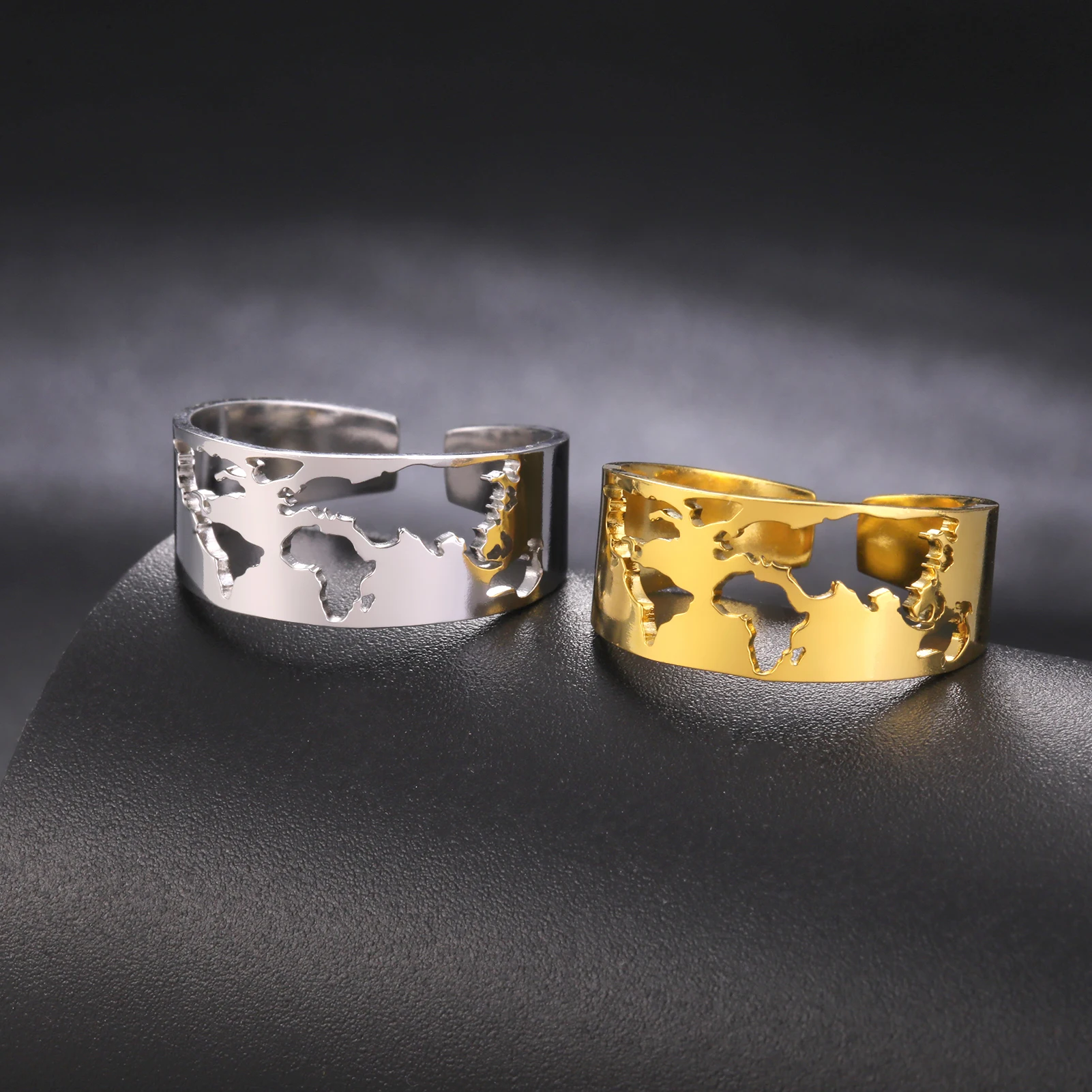 LIKGREAT Edelstahl verstellbare Fingerring Weltkarte hohle silberne Farbe Öffnungs ring Schmuck Party Geschenk für Frauen Männer
