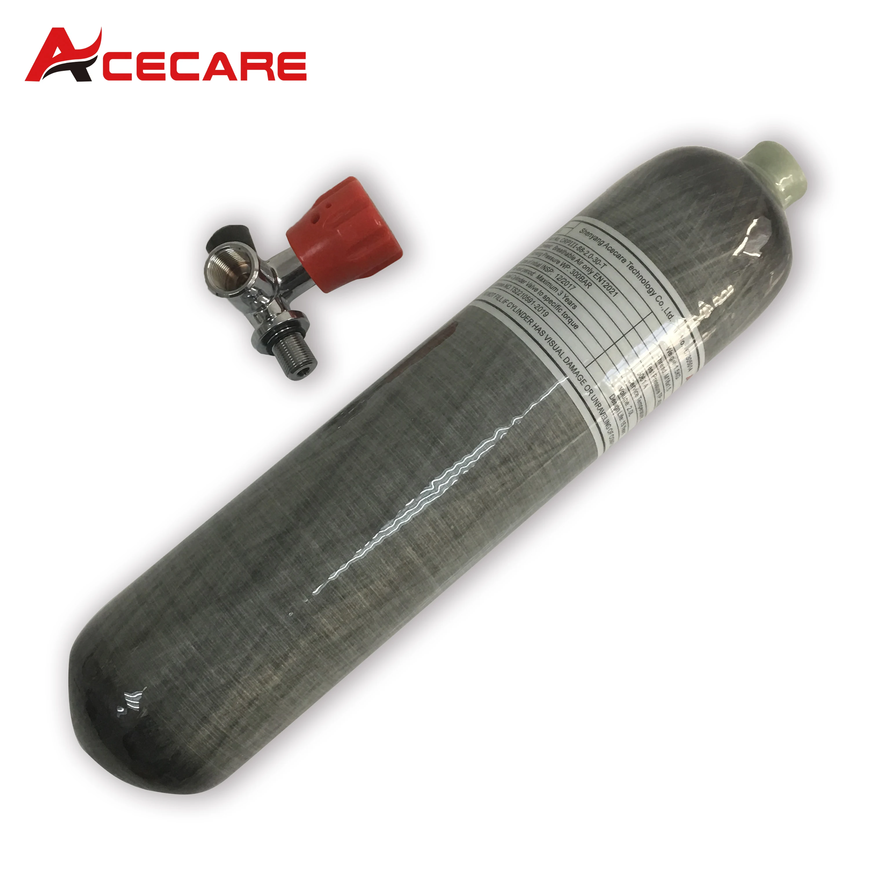 ACECARE 4500PSI 300Bar 30MPA 2L Carbon Fiber Cylinder Air Tank Scuba Diving Bottle M18*1.5 With Red Gauge Valve