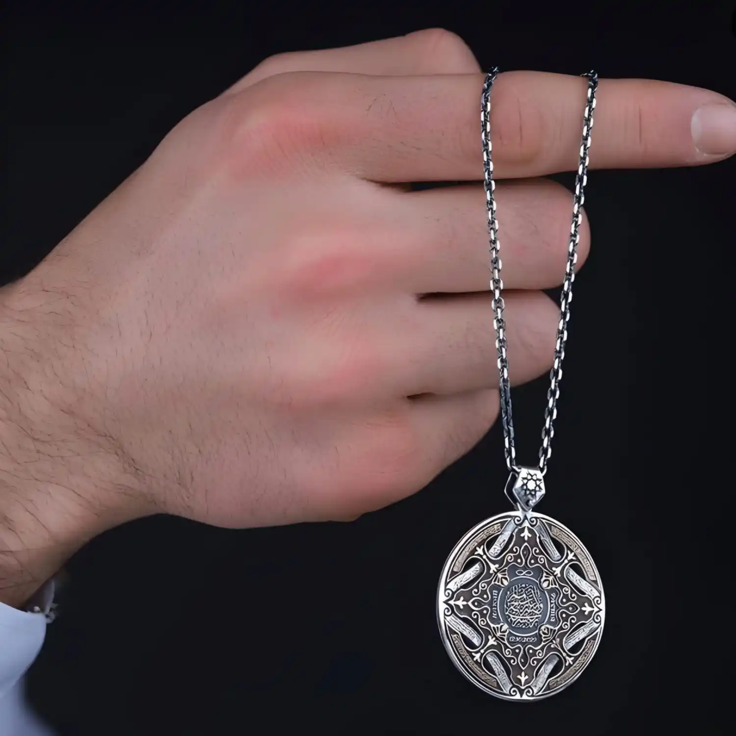 Handcrafted Silver Locket Necklace - Crescent Motif with Ancient Guard Prayers - Unique Silver Designs with Arabic Prayers