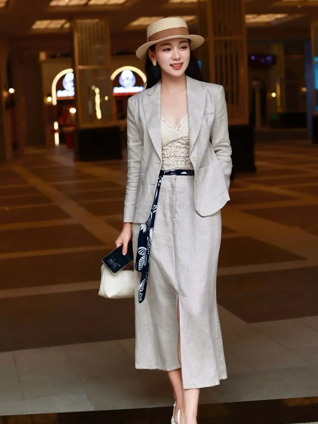 

Elegant autumn women's office lady high quality linen skirt suit