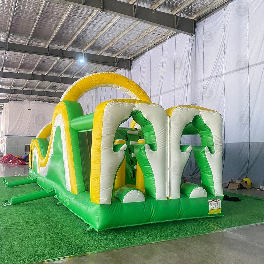 30ft/9m Green /Blue Giant Inflatable Radical Run Obstacle Course with Blower Commercial Grade Interactive Bounce House For Kids