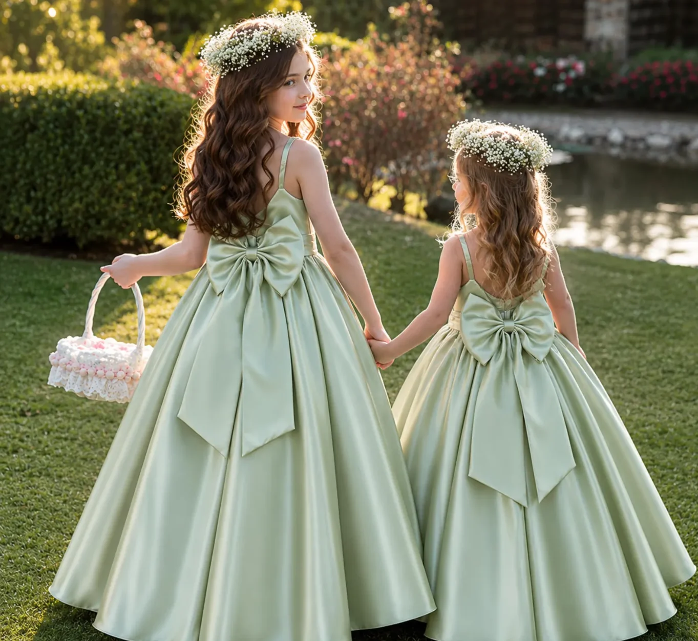 Satin First Communion Dress With Bow Spaghetti Strap Backless Flower Girl Dress for Wedding 2-16 Kids Birthday Party Gown