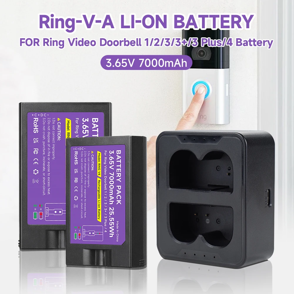 

7000mAh For Ring Video Doorbell Rechargeable Battery 3.65V Li-ion Battery+LED Charger For Ring Video Doorbell1/2/3/3+/3 Plus/4