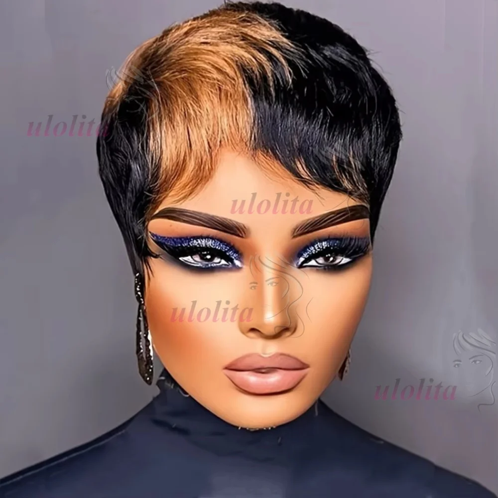 Schwarzbraune Highlight-Kurzhaarperücke mit geradem Schnitt für Frauen, Kleberlose Perücke mit Pony aus brasilianischem Remy-Echthaar – Detail 3
