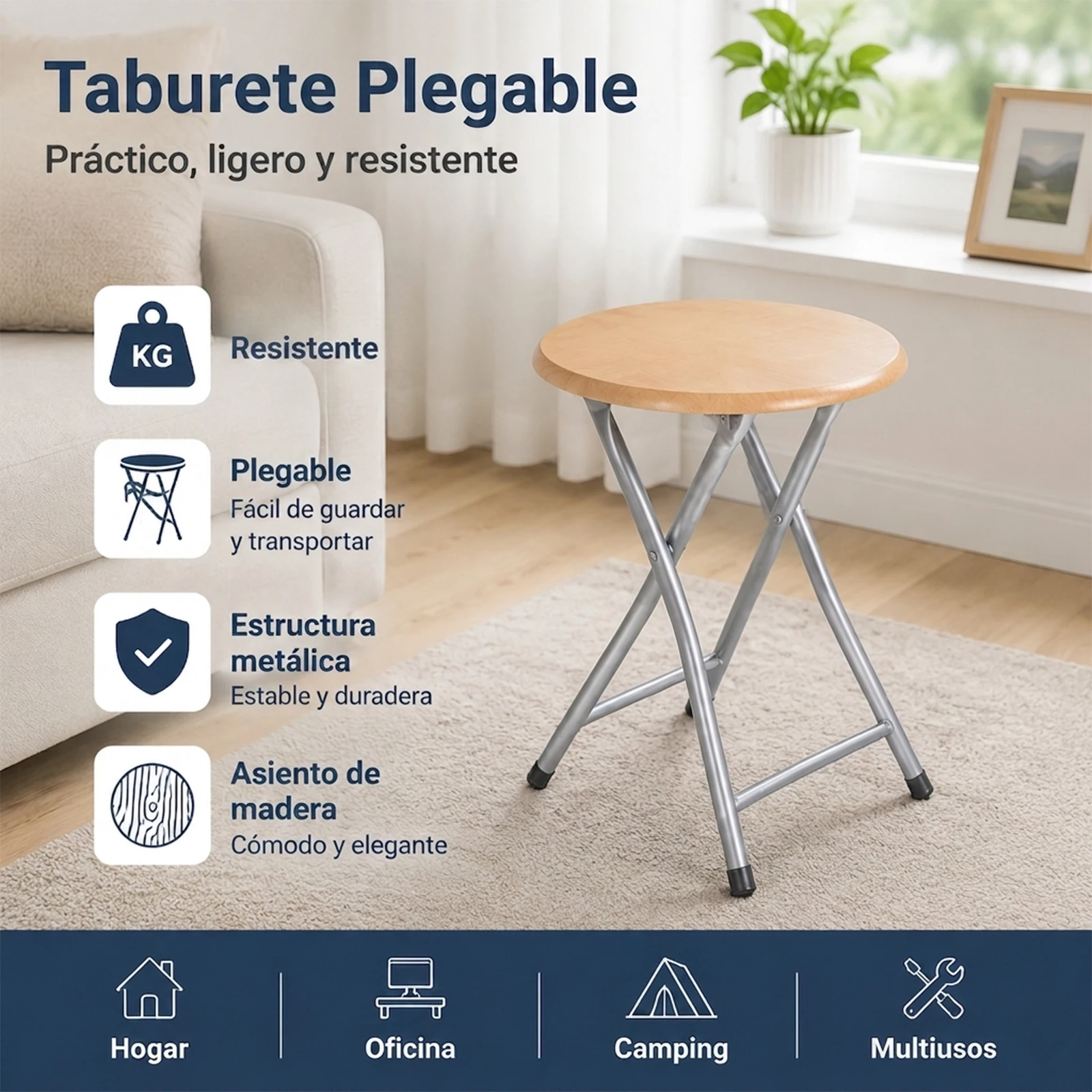 Tabouret rond pliable avec assise en bois de 45 cm de hauteur, structure tubulaire en métal résistante avec capacité de charge jusqu'à 100 kg, pieds antidérapants protégeant le sol, design compact qui permet de gagner de la place lorsqu'il est plié, léger et transportable, durable.