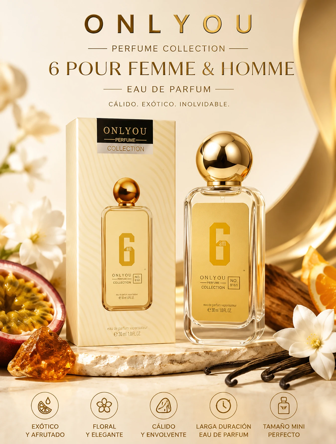 Perfume Unisex 6 Onlyou Perfume Collection 30ml Eau de Parfum Fragancia Tropical Gourmand Larga Duracion Locion de Bolsillo Portatil Aroma Dulce Elegante de Vainilla y Ambar Colonia para Mujer y Hombre Regalo