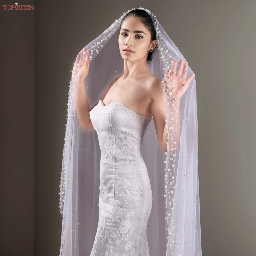 TOPQUEEN Elegant Bridal Pearl Veil Single 3m Wide Cathedral Wedding Veil Soft Lace Tulle With No Comb v66