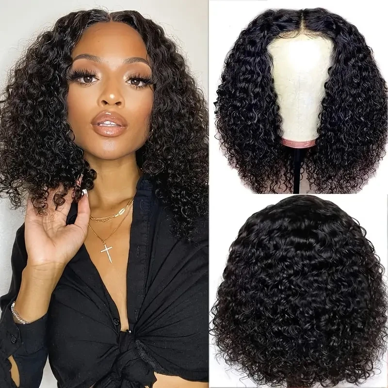 Curly Bob Wig Human Hair Lace Front Wigs Middle Part 1x4 Lace Closure Wigs Kinky Curly Remy Hair Natural Black Color Pre Plucked