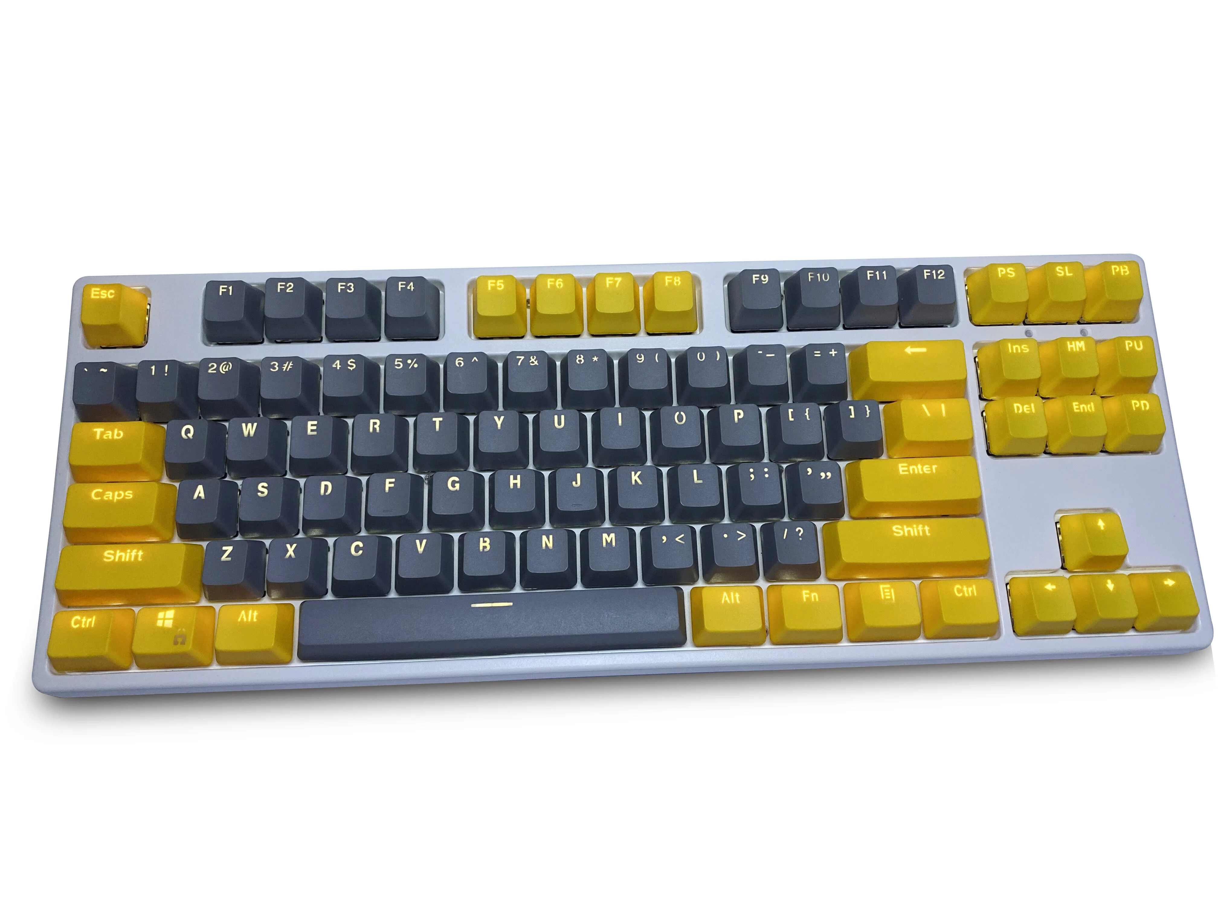 Teclas de Teclado mecánico de altura OEM, 87 teclas, color amarillo y gris, Material PBT, caracteres retroiluminados dobles, teclas transparentes para juegos