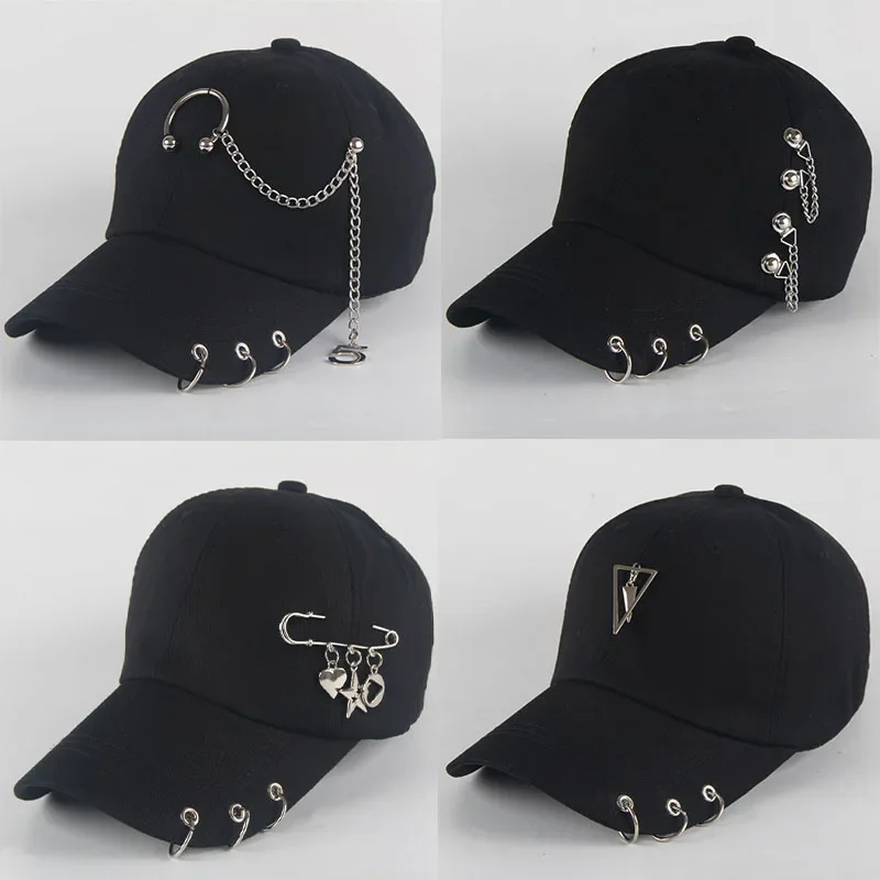 Modna bawełniana czapka z daszkiem w stylu hip-hopu Kreatywne czapki z pierścieniem do przekłuwania Punk Dorosły Casual Solidna regulowana czapka unisex Czapki z daszkiem — 2