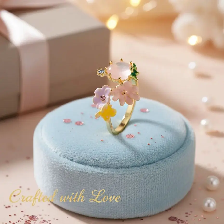 

Pink Zirconia Floral Ring Drip Oil and Stamen Adjustable Band for Women Nature Inspired Elegant Jewelry Unique Mother’s Day