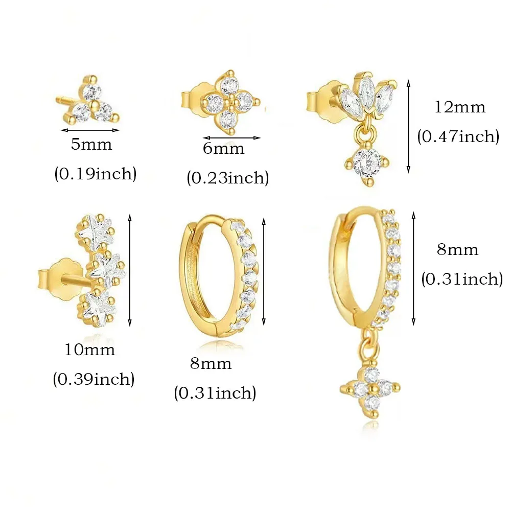 6Pcs Flower Dangle Hoop Stud Stackable Earrings for Women