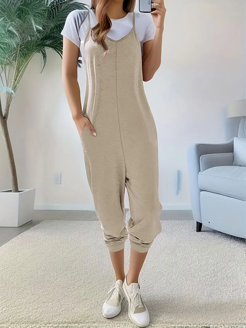 Kombinezon damski na jesień w dużych rozmiarach z AliExpress, jednolity kolor, kieszenie, długie spodnie na szelkach, luźny, casualowy kombinezon.