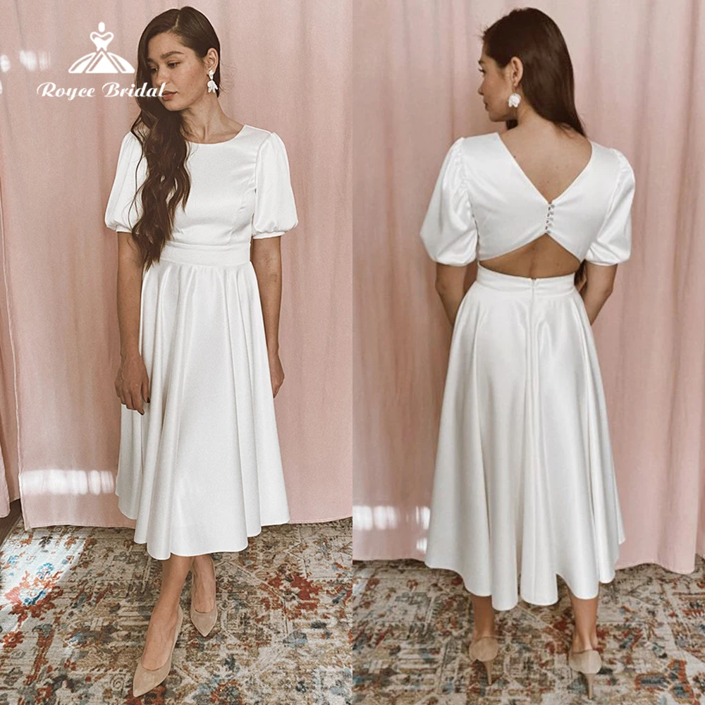 Semplice Sexy O collo manica A sbuffo aperto sul retro bottone in raso corto A Line abito da sposa Boho abiti da sposa Robe De Mariée Vestidos