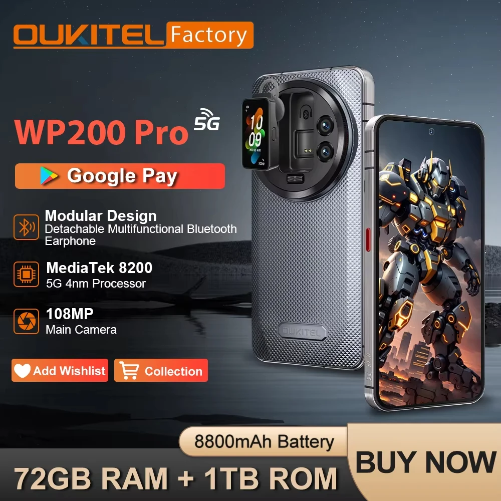 Oukitel WP200 Pro 5G Modulares, robustes Telefon, abnehmbare Kopfhöreruhr, 24 GB (bis zu 72 GB), RAM, 1 TB ROM, MTK8200, 108 MP Smartphone