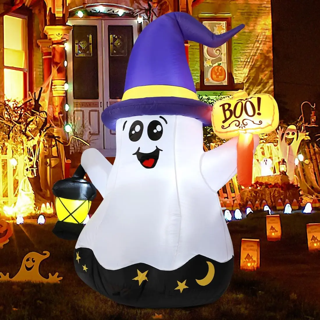 Fantasma inflable de Halloween de 5 pies, decoración al aire libre, patio, lindo fantasma de mago con luz de mano con LED para fiesta en el jardín