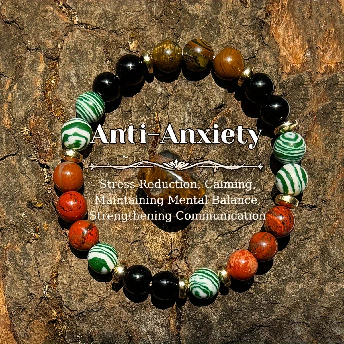 Anti-anxiety natural stone healing crystal bracelet - made of tiger eye stone malachite red jasper handmade bracelet for men and