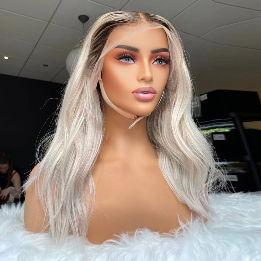 

Парик платиновый блонд HD на сетке 13x6, 100% натуральные человеческие волосы с темным пепером и корнями Омбре, парик плотностью 150 на сетке спереди 14 дюймов с несколькими разделениями