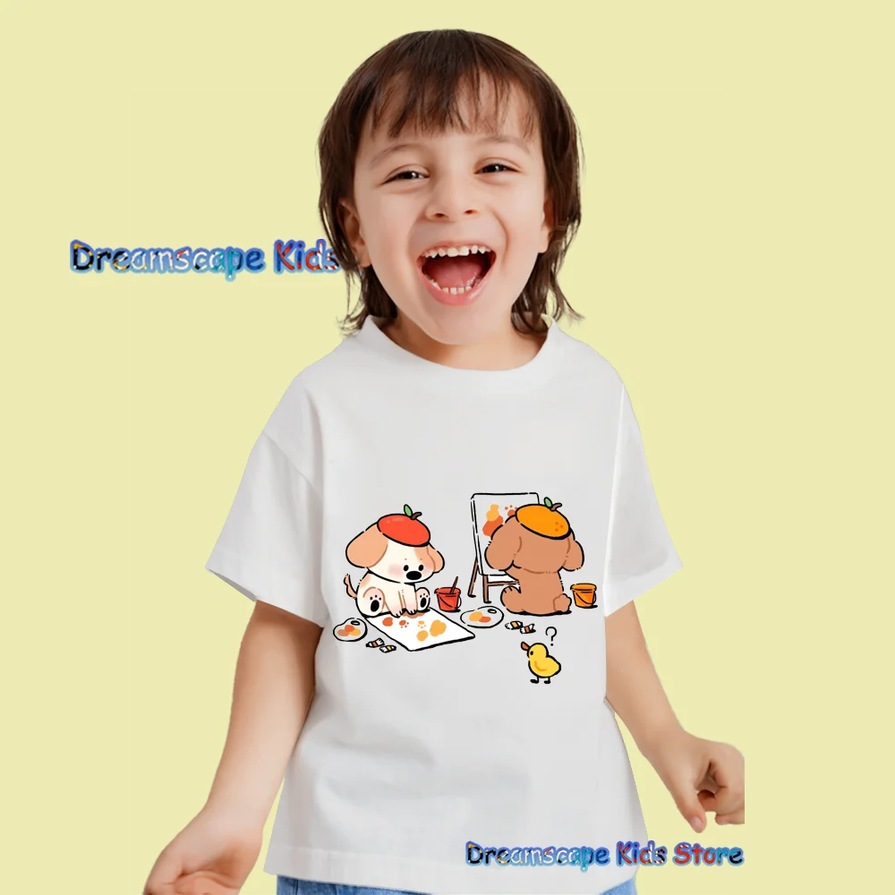 2024 Funny Puppy IS Drawing Painting Cartoon Printed T Shirts Summer Short Sleeve Child Clothes Kids Casual Style Tees Tops