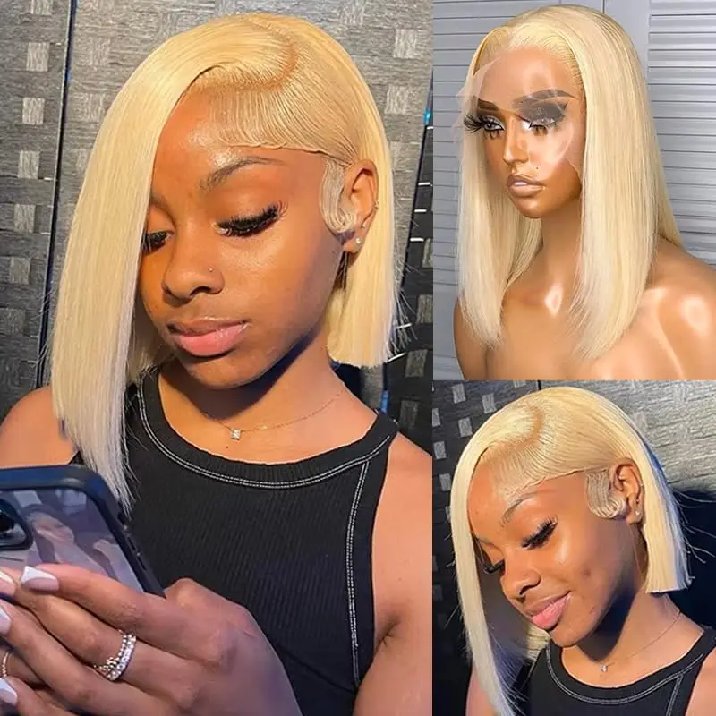 613 Bob Wig Blonde Virgin Human Hair 4x4 13x4 Lace Front Pre Plucked 180% Silky Straight HD Lace Front Blonde Bob Wig For Women