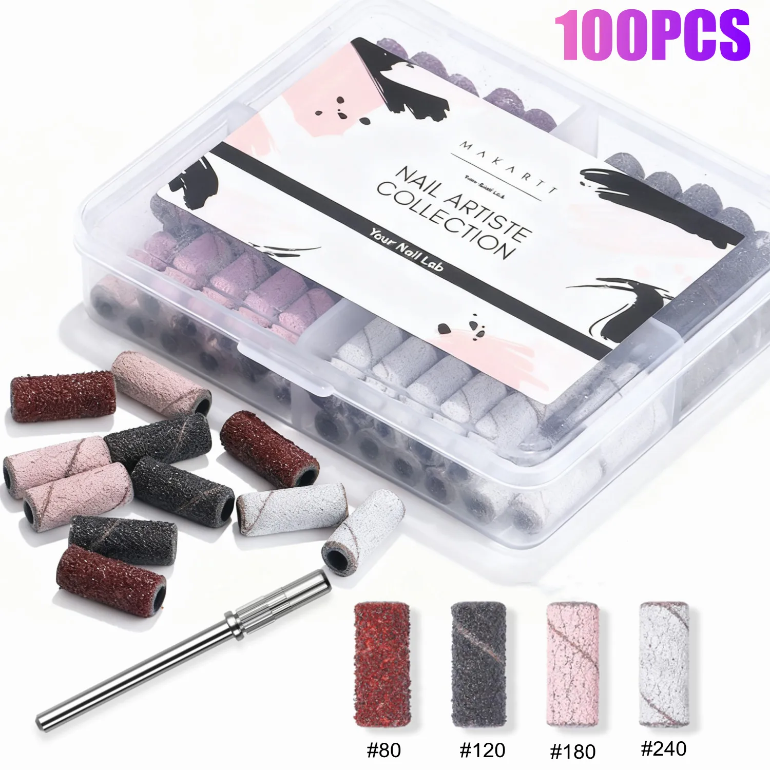 

100 шт. сверла для ногтей, шлифовальные ленты, 4 цвета, грубая тонкая пилка с зернистостью 80/120/180/240, песок с мини-оправой 3,1 мм, насадка для маникюра