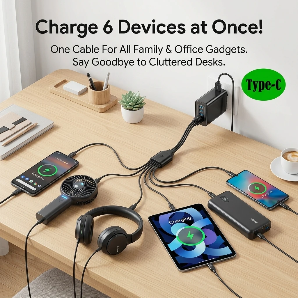 6 In 1 USB To Type C Splitter Cable Multi Port USB C Fast Charging Cord For Multi Device Samsung Xiaomi Phone Tablet Power Bank