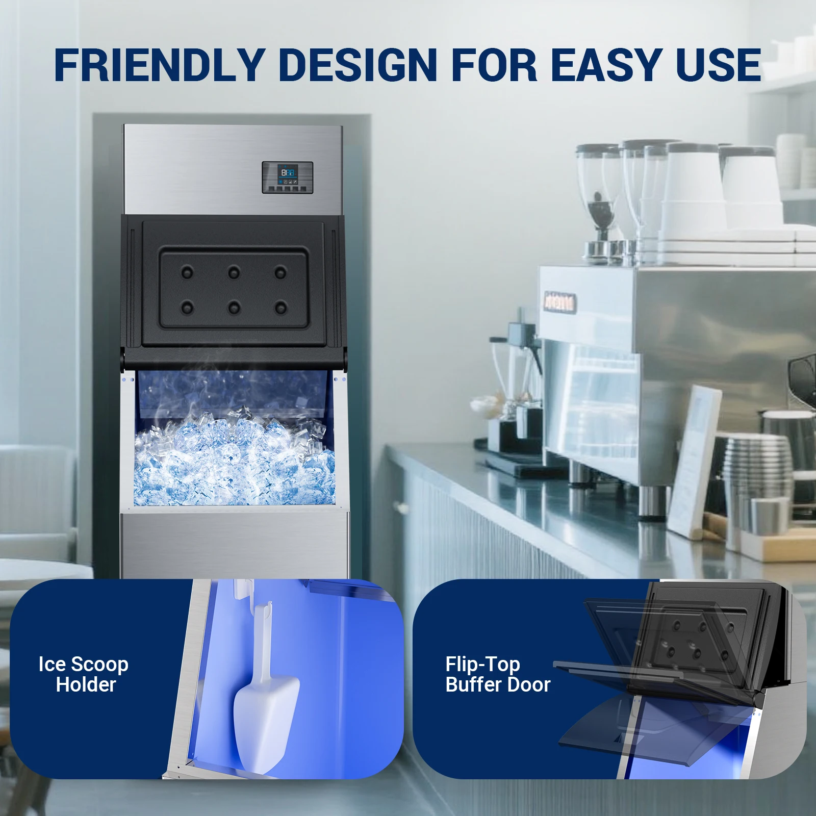 Commercial Ice Maker 300LBS Ice Storage Bin, Adjustable Steel Feet, Commercial Ice Maker Machine Head 580 LBS/24h, 132 Ice Cubes view 3