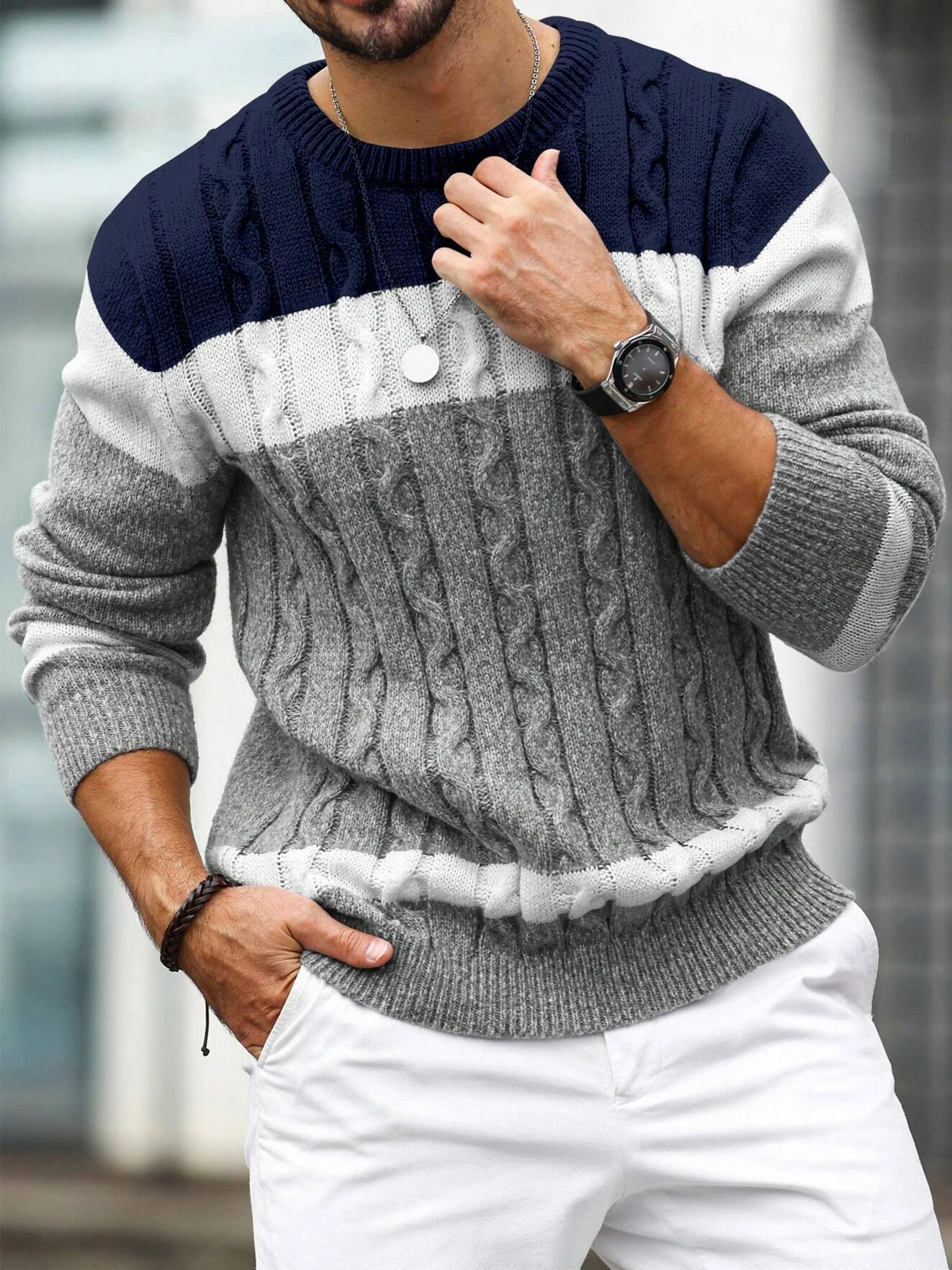 

Новый осенне-зимний мужской свитер с контрастными цветами, круглым вырезом, свободного кроя, модный, повседневный, теплый, вязаный, удобный базовый свитер.