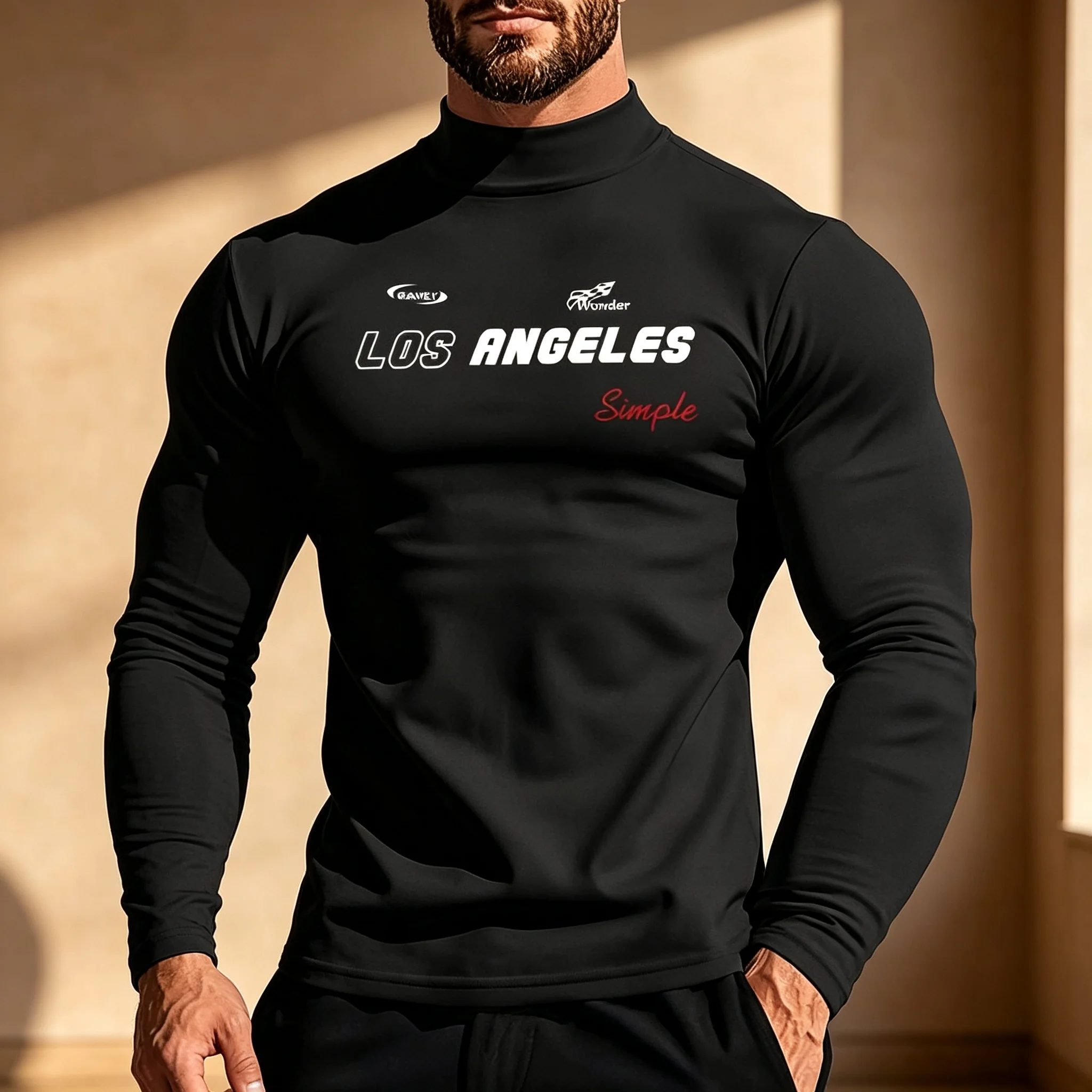 Herren Mock Neck Langarm-Thermoshirts mit Los Angeles-Schriftzug, dehnbar, eng anliegend, als Basisschicht, lässiges warmes Unterhemd für den Herbst. – Detail 2