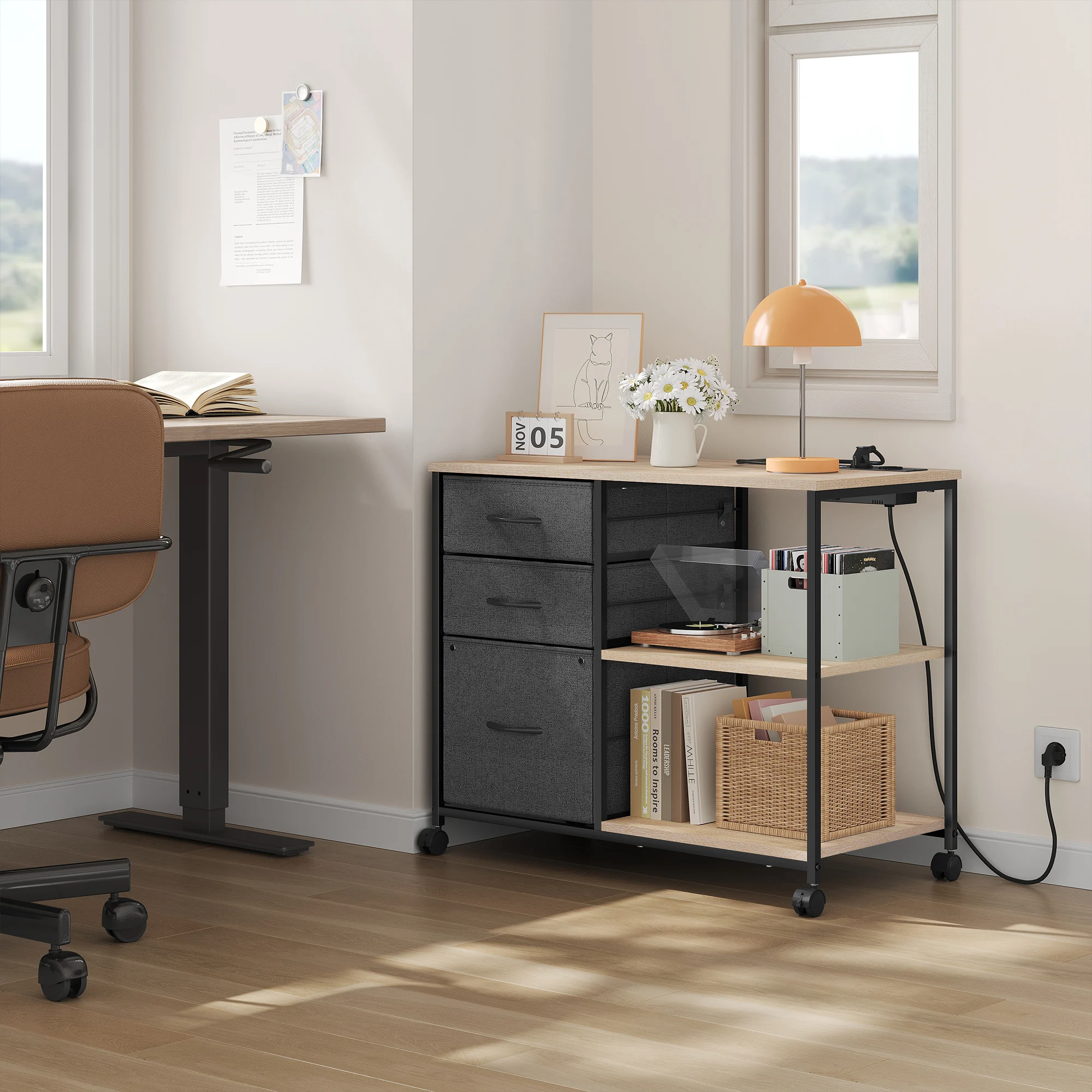 WOLTU Aktenschrank mit Ladestation, 3 Stoffschubladen, Rollbehälter, Drucktisch mit Rollen für Büro und Zuhause